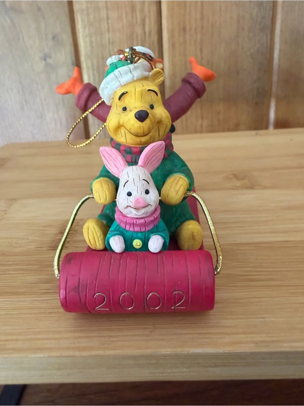 Vintage Disney Winnie the Pooh Tigger Piglet Sled Christmas Wood Ornament 2002